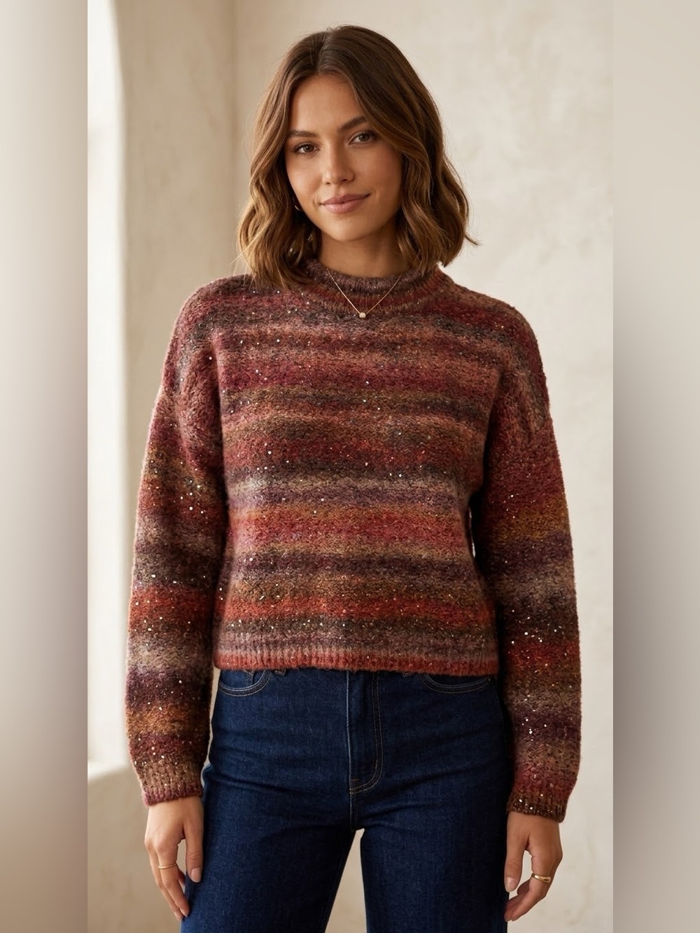 Banana Republic Ombre Sequin Cropped Sweater Multicolor Crew medium alpaca wool